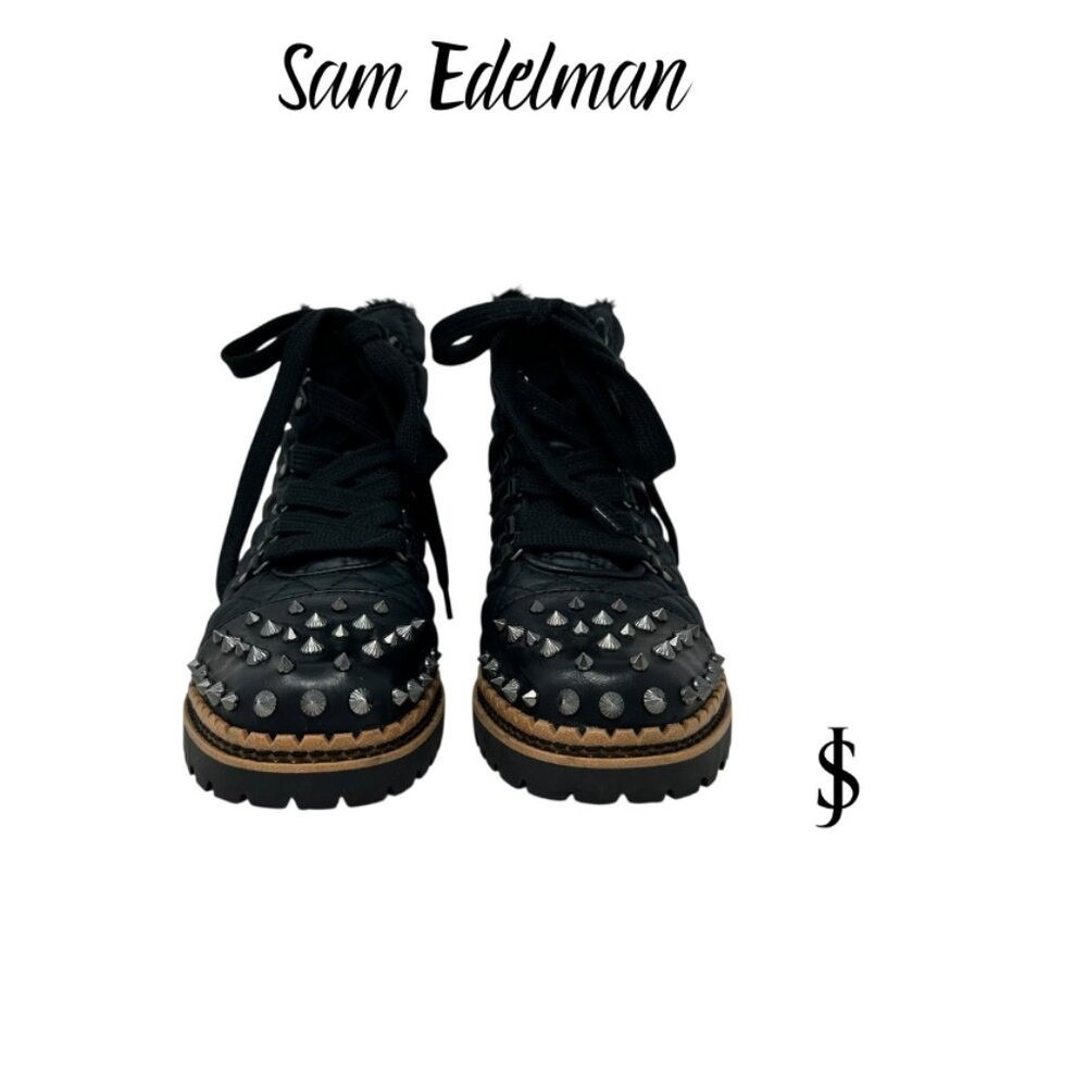 Sam Edelman Bren Quilted Black Studded Combat‎ Boots- Women's Size 8 - Picture 3 of 7
